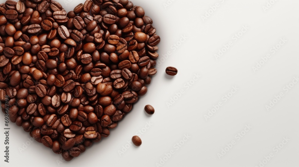 Roasted coffee beans in the shape of a heart isolated on a white background. Love concept horizontal banner with copy space for text Roasted coffee beans in the shape of a heart isolated on a white background. Love concept horizontal banner with copy space for text
