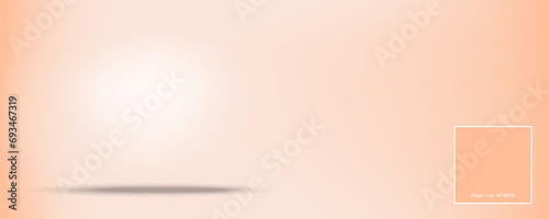 Peach background in 2024 color with shadow for subject or inscription. Peach Fuzz FFBE98 RGB color. Vector illustration. Gradient blurred background with copy space with glow effect.