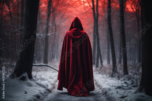 Red cloaked figure encountering a stranger in the scary winter forest with moonlight