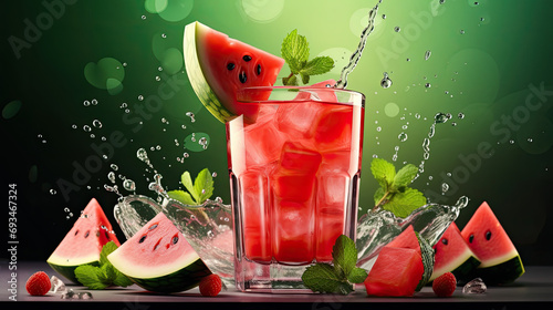  refreshing cocktail drink with watermelon on dark  green background .summer cool,Watermelon lime refreshing cocktail in modern glass mojito, lemonade, mocktail with fresh mint. Cold summer fruit drin photo