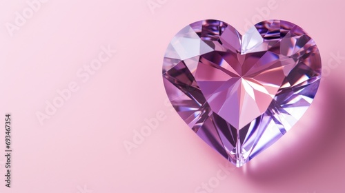 Heart purple shaped gemstone diamond isolated on a pink background with copy space valentines day greeting card