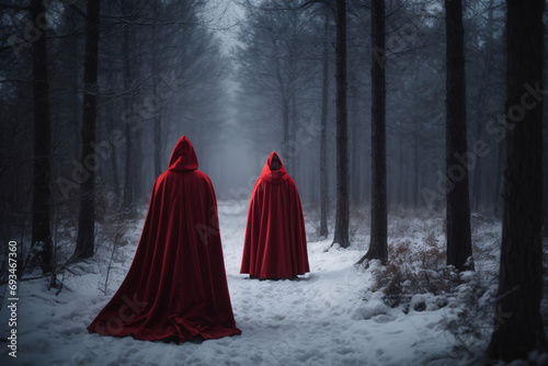 Red cloaked figure encountering a stranger in the scary winter forest with moonlight photo