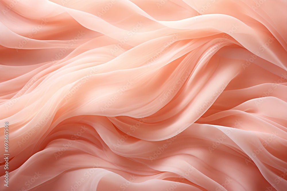 Soft peach silk fabric undulating in smooth, wave-like patterns. Close-up view of delicate beige tulle fabric, showcasing its fine mesh texture and light transparency. Soft peach silk fabric undulating in smooth, wave-like patterns. Close-up view of delicate beige tulle fabric, showcasing its fine mesh texture and light transparency.