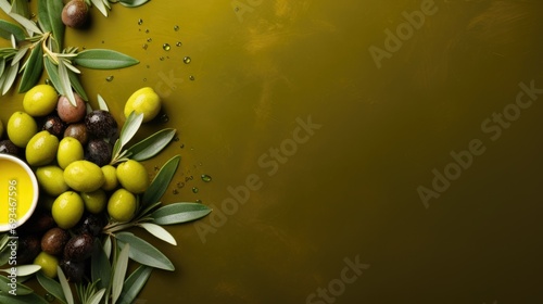 Olive oil and olives with leaves top view on green horizontal background with copy space. Olive oil advertising horizontal banner