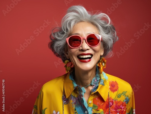 Portrait of a beautiful happy smiling senior Asian woman with grey hair wearing sunglasses and colorful shirt isolated on a red background, fashion studio