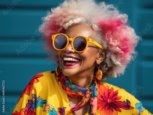 Beautiful afro american senior woman with afro hairstyle wearing yellow sunglasses over blue background. Summertime. 