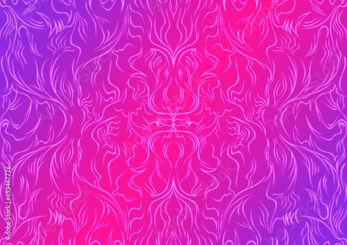 Hand-drawn abstract seamless ornament. Neon gradient (plastic pink to proton purple) background and glowing pattern on it. Cloth texture. Digital artwork, A4. (pattern: p11-1a)