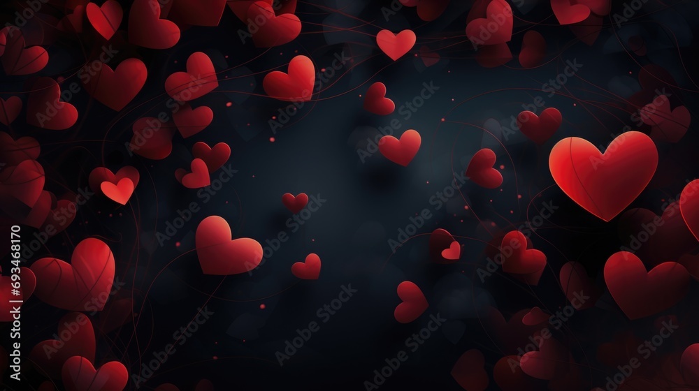 Valentine's day horizontal greeting card with red hearts on a black background. Vector illustration with copy space for text.
Valentine's day horizontal greeting card with red hearts on a black background. Vector illustration with copy space for text.