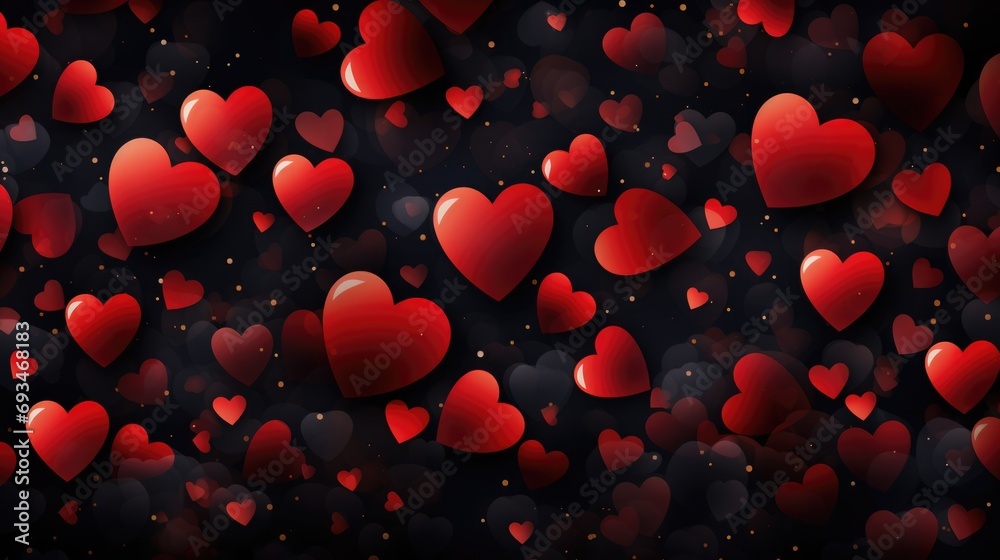 Valentine's day abstract panoramic wallpaper with red hearts on a black background. Greeting card design with copy space. Love concept. Vector illustration.