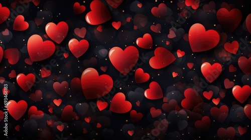 Valentine's day abstract panoramic wallpaper with red hearts on a black background. Greeting card design with copy space. Love concept. Vector illustration.