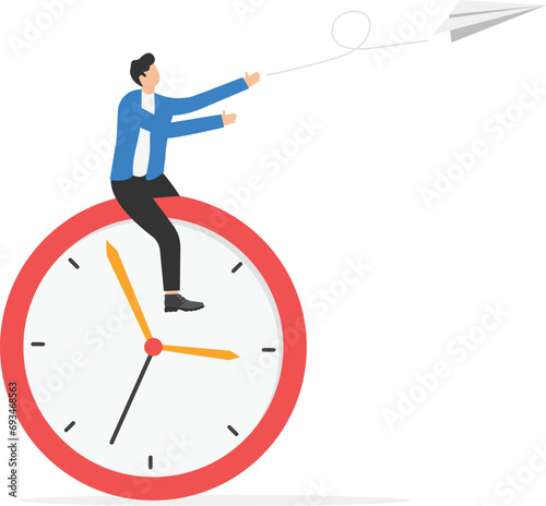 Productivity and efficiency in work, procrastination or time management or project deadline, best performance employee concept, smart relax businessman sitting on alarm clock launching paper airplane.