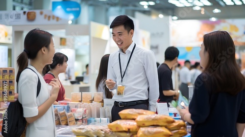 Smiling businessman engaging with visitors at an expo