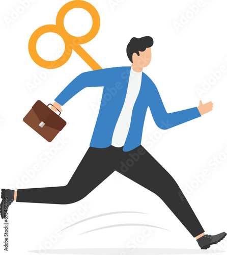 Businessman running with wind-up key, high energy. Flat vector illustration.

