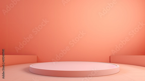 3d empty  round  transparent glass stage podium for presentation on orange wall background  Empty  round mockup showcase for cosmetic product  promotion sale Spa and beauty mockup. 