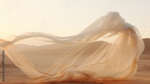 A beautiful peach veil flying in the wind in the desert at sunset, the golden hour. photo