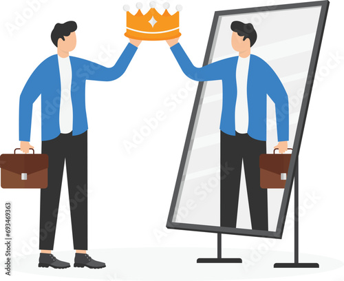 Reward yourself when success or achieve personal goals to increase motivation and inspiration, celebrate victory or winning concept, businessman get reward from himself in the mirror for self motivati