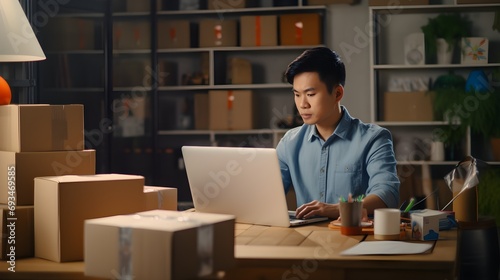 Young man working on laptop amidst boxes in a home office