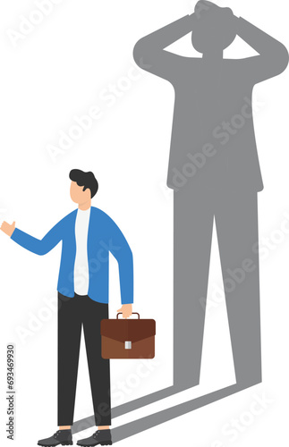 Confident businessman standing with fear shadow. Lack of self confidence at work. Impostor syndrome problem. Flat vector illustration.

