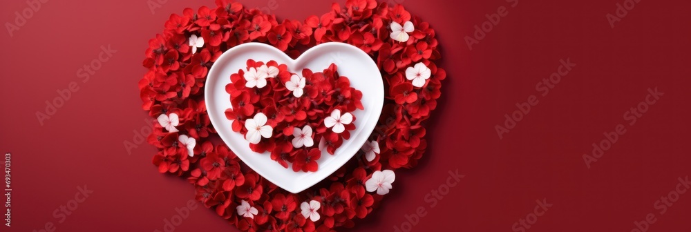 Red heart shape made of flowers on white plate for Valentine's Day red background Red heart shape made of flowers on white plate for Valentine's Day red background