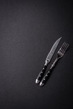 Kitchen knife and fork made of steel with copy space