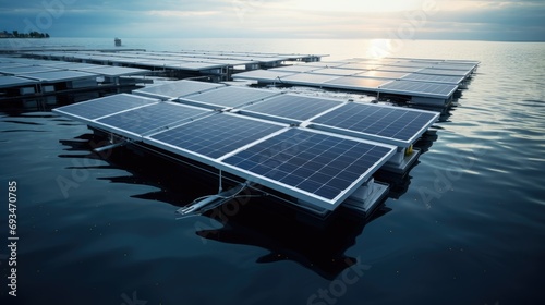 Floating Solar Panels. PV modules mounted on platforms that float on water reservoirs, lakes, and where conditions are right seas and oceans photo