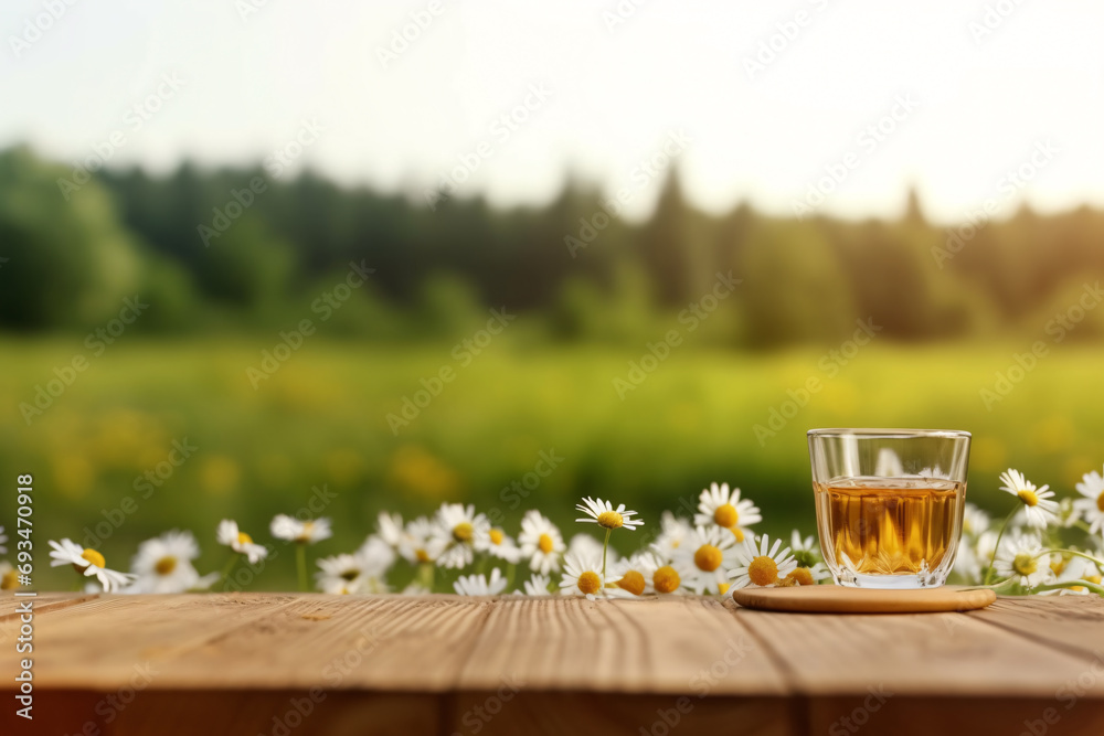 A cup of camomile tea on wooden table and camomile flowers in the morning with nature background. - obrazy, fototapety, plakaty 