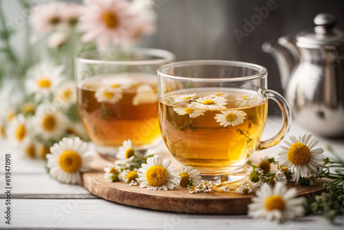 Healthy chamomile tea in glass with teapot and flowers on white wooden table with copy space, bright blurred background