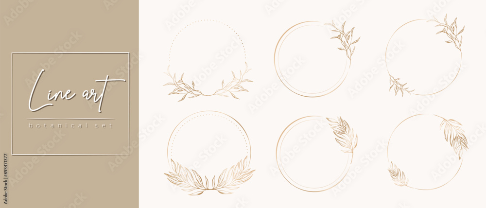 Botanical golden circle frame set. Hand drawn round line border, leaves and flowers, wedding invitation and cards, logo design, social media and posters template. Elegant minimal style floral vector	
