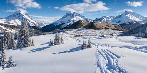 Panorama di un paesaggio di montagna innevato in una giornata di sole, impronte, scie, sole, assolato, alberi, abeti photo