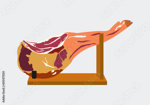 Pata de jamón ibérico o serrano y jamonero. Icono de Jamón serrano colocada en un jamonero