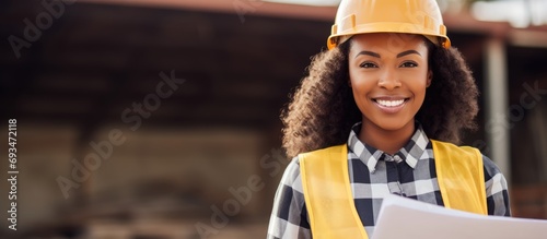 African American woman worker inspecting construction progress, with a hard hat and clipboard. Accomplished, confident project manager with black skin.