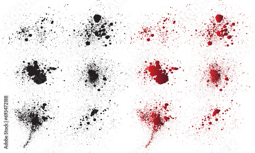 Red ink blood splatter background set. Handmade black blood ink splatter set. red ink splat background photo