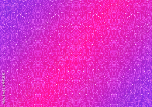 Hand-drawn abstract seamless ornament. Neon gradient (plastic pink to proton purple) background and glowing pattern on it. Cloth texture. Digital artwork, A4. (pattern: p11-2b)
