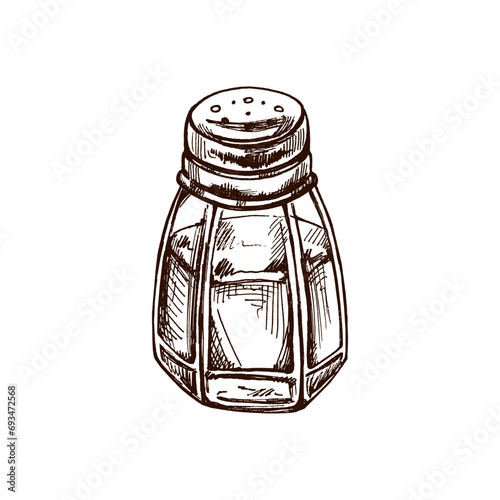 Hand-drawn sketch of glass salt shaker with metal lid. Vintage drawing of salt shaker. Vector black ink outline food sketch illustration. Food, cuisine. An illustration for the menu.