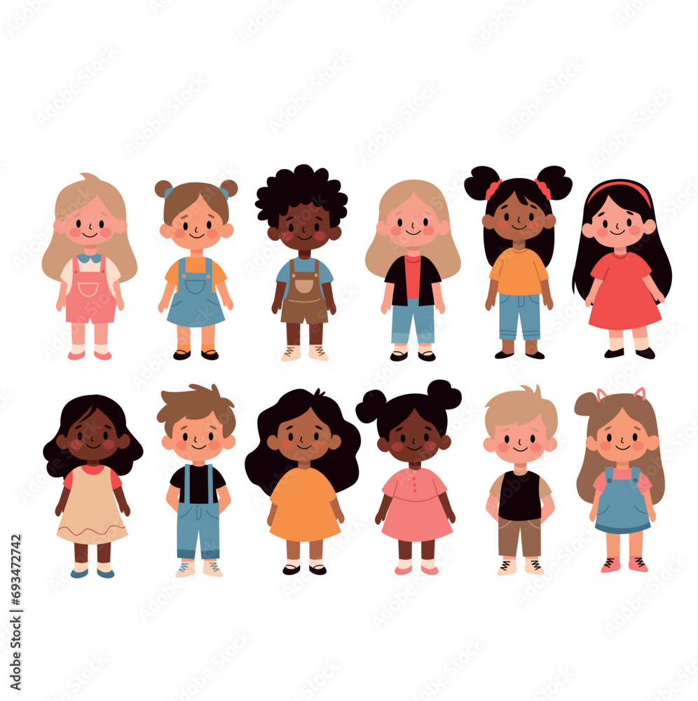 Cute little girls in different clothes. Vector illustration in cartoon style.