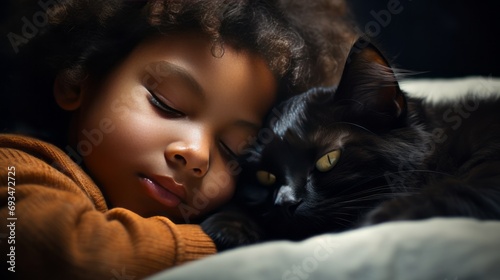 A little black African American curly-haired boy in pajamas sleeping next to a black fluffy kitten in bed. Living together with pets.