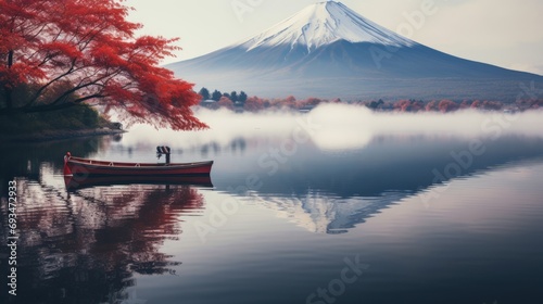 Sightseeing and mist-shrouded Mount Fuji and red Lake Guji are some of the best places in Japan. photo