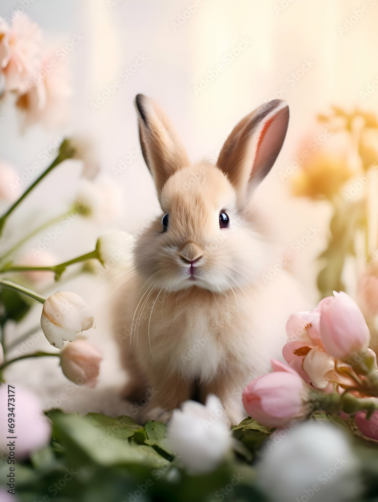Obraz premium Cute Easter rabbit in flowers. Bright nice photoshoot. High quality