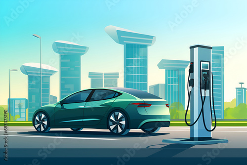 A green modern electric car stands at a charging station in a big city. Illustration in cartoon style photo