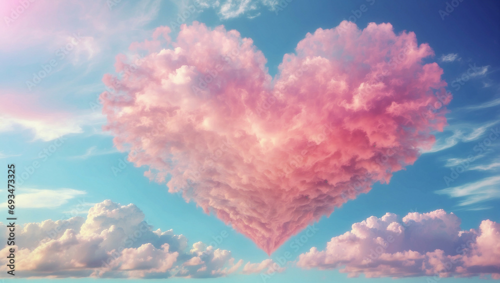 Clouds in the sky in the shape of a heart with pastel colors. Love concept. Valentine's Day hearts, beautiful colorful clouds in the background.
