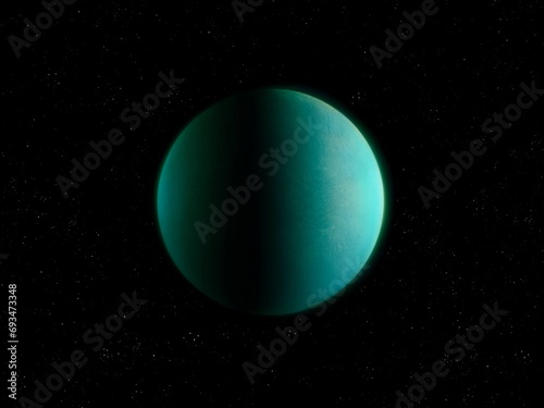 An exoplanet suitable for colonization in space. Stone planet in green. Extrasolar planet on a black background. © Nazarii