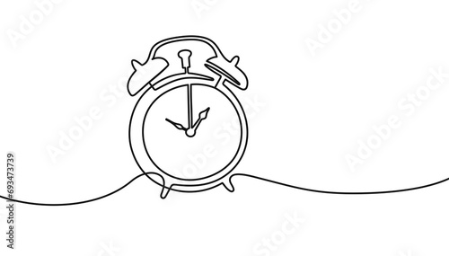 Continuous one line drawing of vintage alarm clock. Single line art illustration on the theme of time, deadline, morning, time to work on transparent background