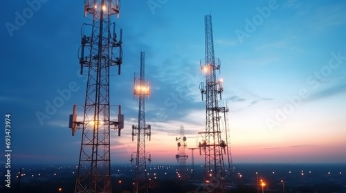 Telecommunication towers. TV antenna. Wireless technology against blue sky.
