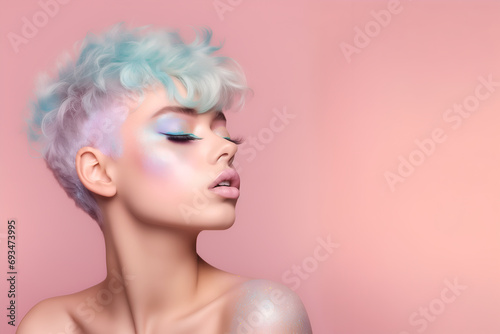 Fashion editorial Concept. Stunning beautiful woman high fashion striking pastel colourful glitter shimmer sparkle hair makeup. illuminated dynamic composition dramatic lighting. copy text space