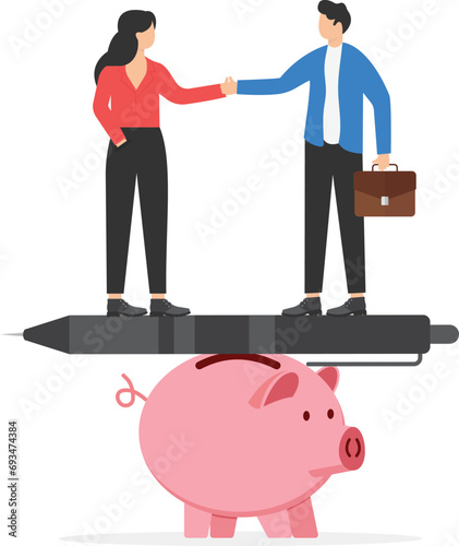 Business people handshake on fountain pen seesaw on piggy bank. Diplomacy, contract signing. Modern vector illustration in flat style

