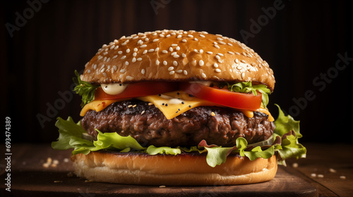 Tasty double beef burger. Big fresh juicy cheeseburger fastfood with beef patty, tomatoes, cheese, cheddar, lettuce Classic hamburger, ketchup for menu. 