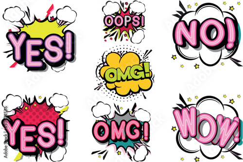 Comic Book Pop Art Elements. Cartoon comic sign burst clouds. boom sign expression and pop art text frames. yes, omg, wow, Set of comic speech bubbles with halftone shadows.Vector illustration V6.