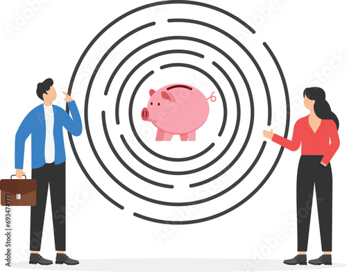Businessman wanting to enter a piggy bank maze. Flat vector illustration

