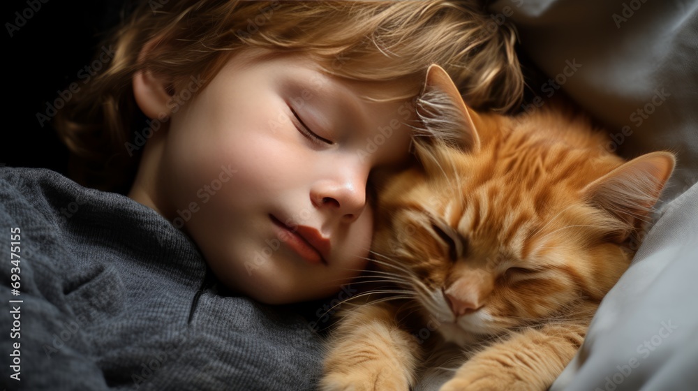 A little red-haired boy in pajamas sleeping next to a fluffy kitten in bed. The problem of sleep in children. Children and animals.