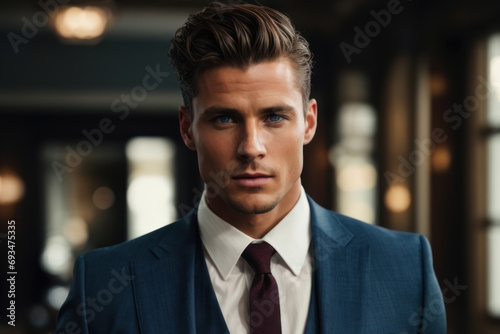 A dashing gentleman with piercing blue eyes and a sharp jawline, standing confidently in a tailored suit